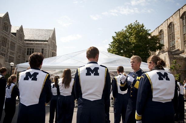 The Michigan marching band prepares to perform before the ceremonial ribbon cutting to South Hall on Friday. South Hall is the latest addition to the University of Michigan Law School. Daniel Brenner I AnnArbor.com